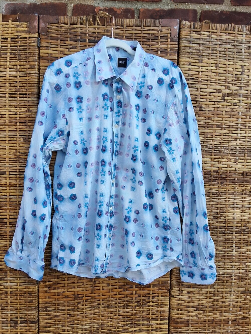 BOSS Hugo Boss Mens Floral Button Down Shirt Blue Pink Long Sleeve XL - Picture 7 of 7